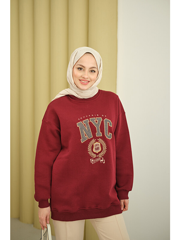 Locco Moda Kadın NYC Baskılı Sweat Bordo
