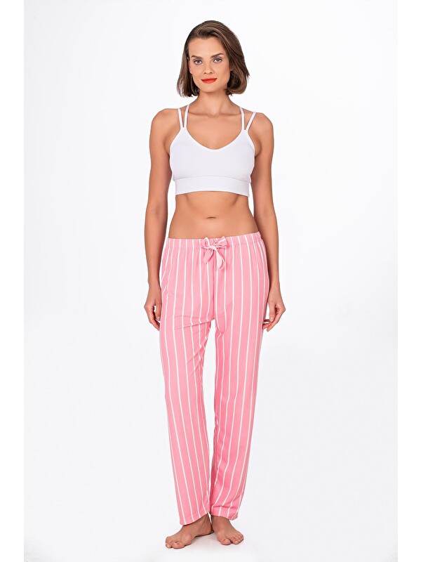 Kompedan Kadın Süet Pembe Çizgili Pijama Tek Alt