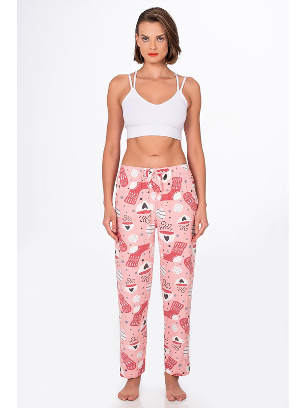 Kompedan Kadın Süet Kahve Desenli Pijama Tek Alt