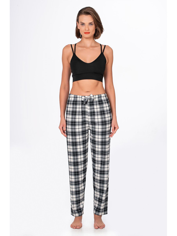 Kompedan Kadın Süet Siyah Kareli Pijama Tek Alt