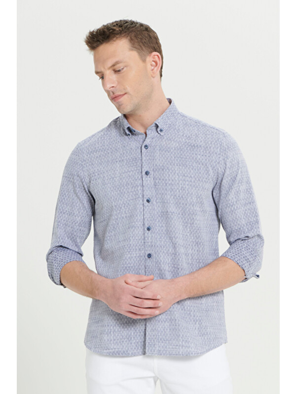 AC&Co / Altınyıldız Classics Erkek Lacivert Slim Fit Dar Kesim %100 Pamuk Armürlü Düğmeli Yaka Casual Gömlek