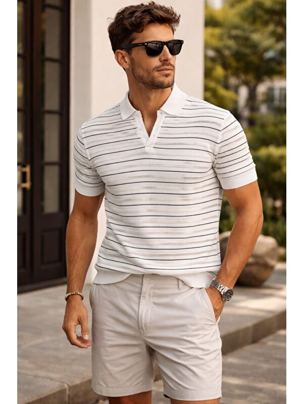 Tarz Cool Erkek Çizgili Triko Slim Fit Polo Yaka T-Shirt