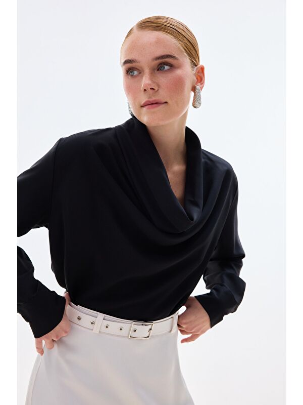 SATEEN Degaje Yaka Bluz - Siyah