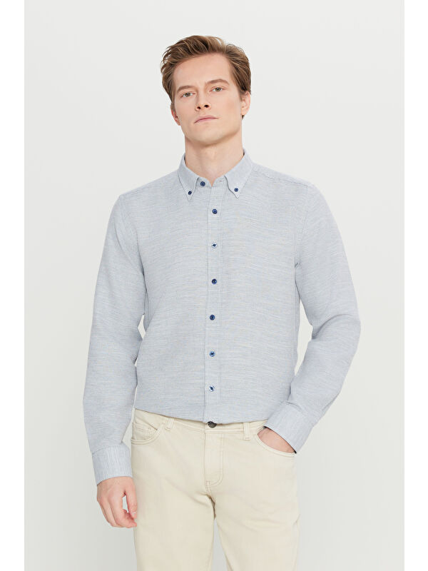 Altınyıldız Classics Erkek Lacivert Pamuklu Tailored Slim Fit Dar Kesim Düğmeli Yaka Armürlü Gömlek