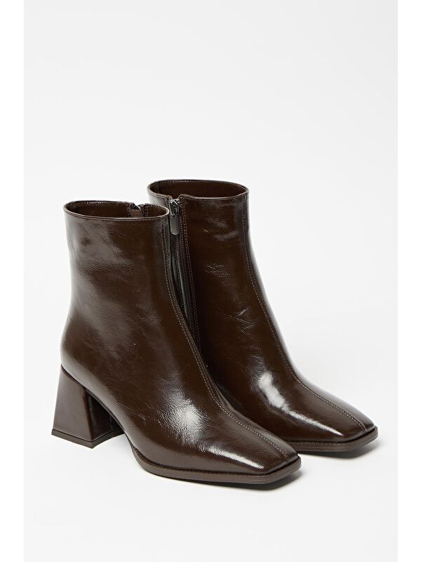 Kadın Kahverengi Rugan Bot & Bootie Küt Burun Topuklu Kontrast Pu Deri Fermuarlı - Görsel 3