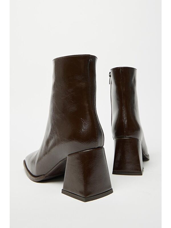 Kadın Kahverengi Rugan Bot & Bootie Küt Burun Topuklu Kontrast Pu Deri Fermuarlı - Görsel 4