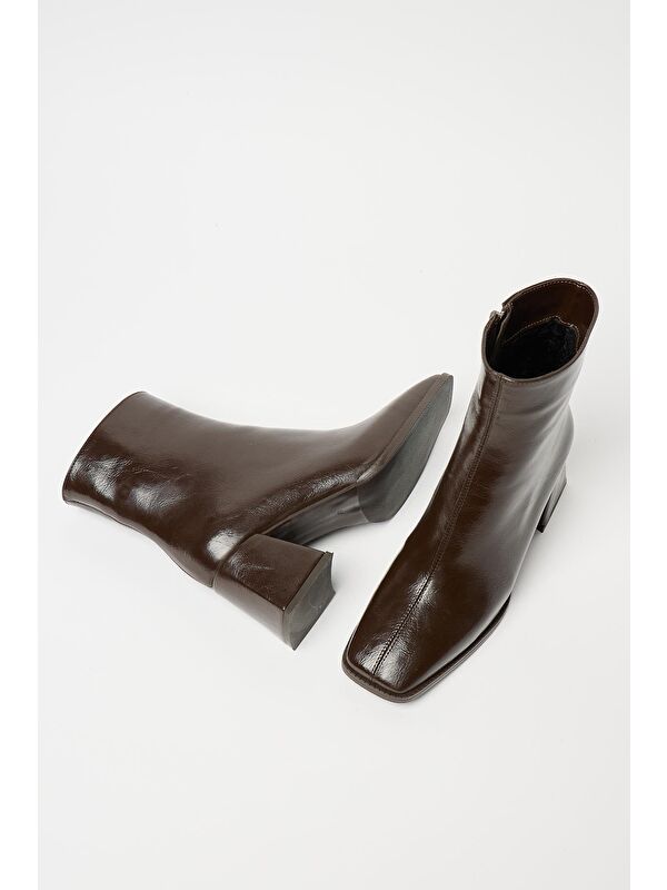 Kadın Kahverengi Rugan Bot & Bootie Küt Burun Topuklu Kontrast Pu Deri Fermuarlı - Görsel 5