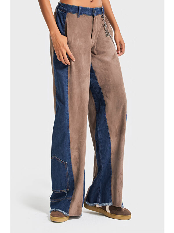 It's Basic Kadın Kahve Jean Rengi Süet Denim Parçalı Bol Kesim Özel Tasarım Denim Pantolon