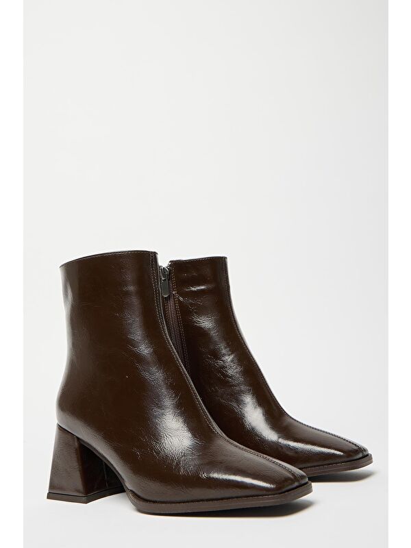 Kadın Kahverengi Rugan Bot & Bootie Küt Burun Topuklu Kontrast Pu Deri Fermuarlı - Görsel 6