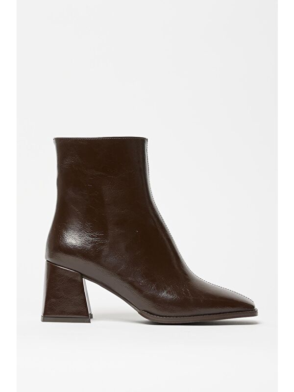 Kadın Kahverengi Rugan Bot & Bootie Küt Burun Topuklu Kontrast Pu Deri Fermuarlı - Görsel 7