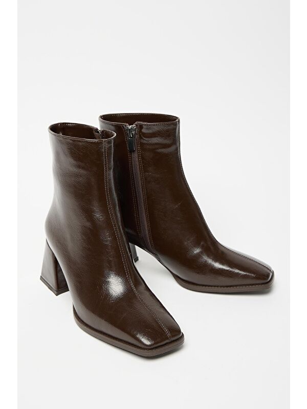 Kadın Kahverengi Rugan Bot & Bootie Küt Burun Topuklu Kontrast Pu Deri Fermuarlı - Görsel 8