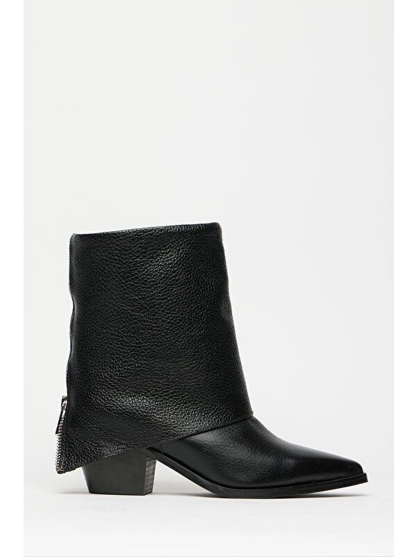 Kadın Siyah Hakiki Deri Western Topuklu Bot – Sivri Burun & Fermuar Aksesuarlı - Görsel 3