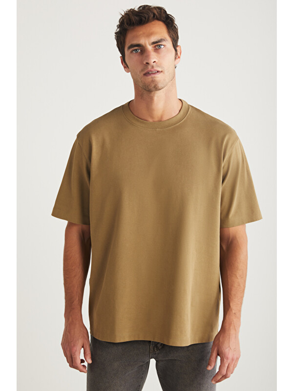 GRIMELANGE BLAS Erkek Basic Oversize %100 Pamuklu Organik Pamuklu Örme Bisiklet Yaka CAMEL T-Shirt