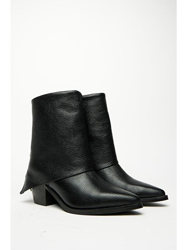 Kadın Siyah Hakiki Deri Western Topuklu Bot – Sivri Burun & Fermuar Aksesuarlı - Görsel 5