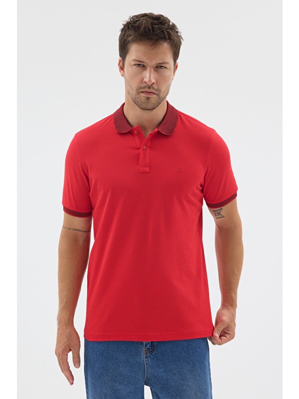 İMZA Kırmızı Polo Yaka Pike Kısa Kol Slim Fit %100 Pamuk Tişört 1011260171