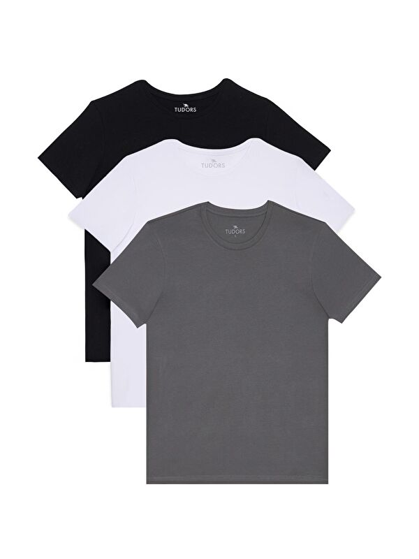 TUDORS Unisex 3'Lü Paket Siyah-Beyaz-K. Gri Slim Fit Dar Kesim %100 Pamuk Bisiklet Yaka Tişört