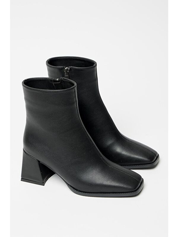 Kadın Siyah Bot & Bootie Küt Burun Topuklu Kontrast Pu Deri Fermuarlı - Görsel 2