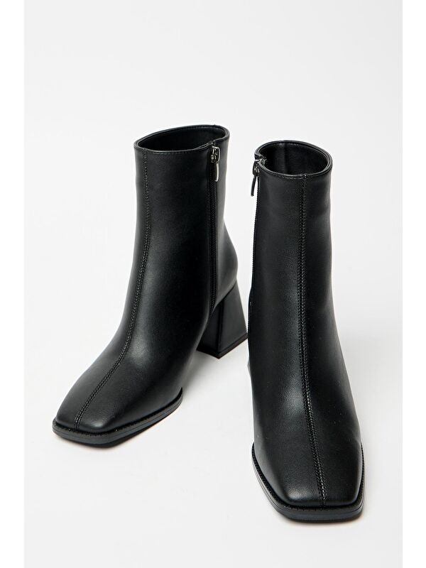 Kadın Siyah Bot & Bootie Küt Burun Topuklu Kontrast Pu Deri Fermuarlı - Görsel 3