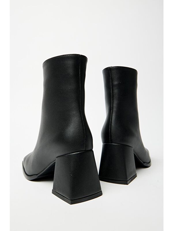 Kadın Siyah Bot & Bootie Küt Burun Topuklu Kontrast Pu Deri Fermuarlı - Görsel 4