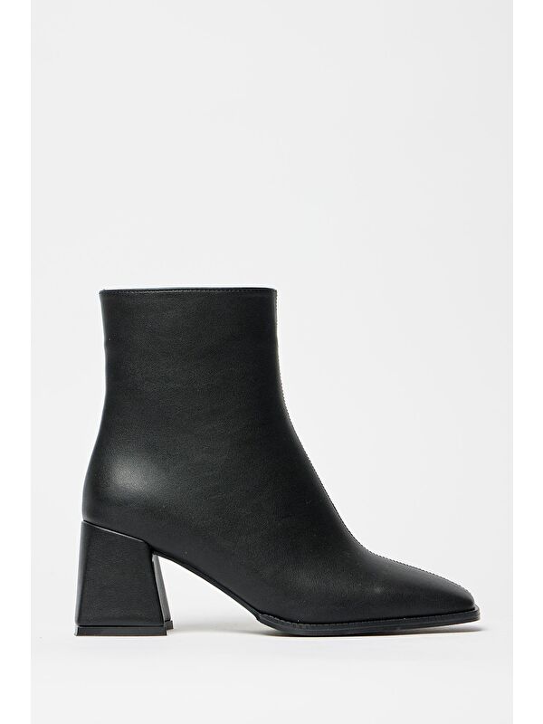 Kadın Siyah Bot & Bootie Küt Burun Topuklu Kontrast Pu Deri Fermuarlı - Görsel 5