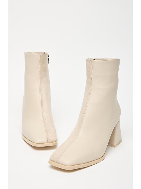 Kadın Bej Süet Bot & Bootie Küt Burun Topuklu Kontrast Pu Deri Fermuarlı - Görsel 2