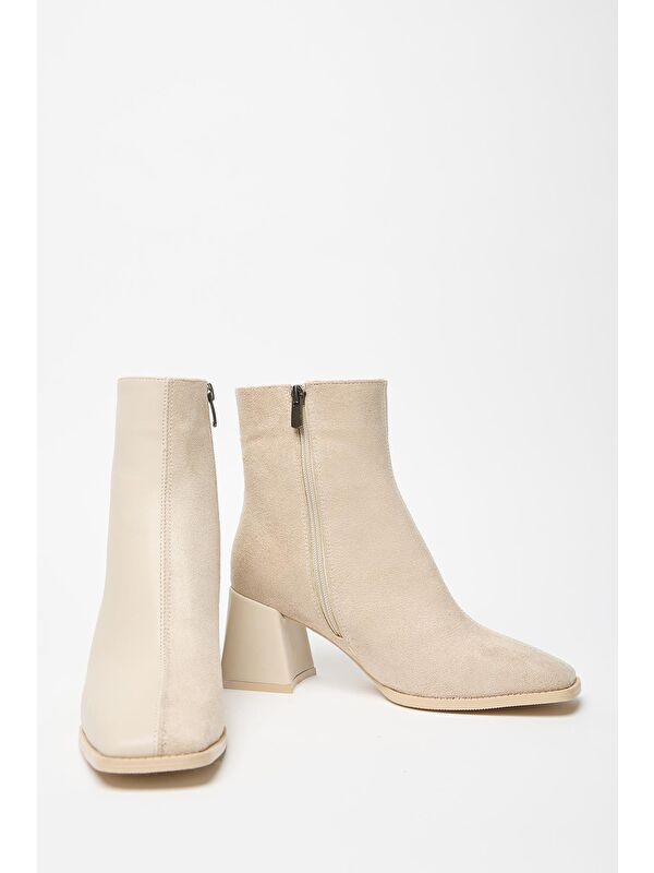 Kadın Bej Süet Bot & Bootie Küt Burun Topuklu Kontrast Pu Deri Fermuarlı - Görsel 3