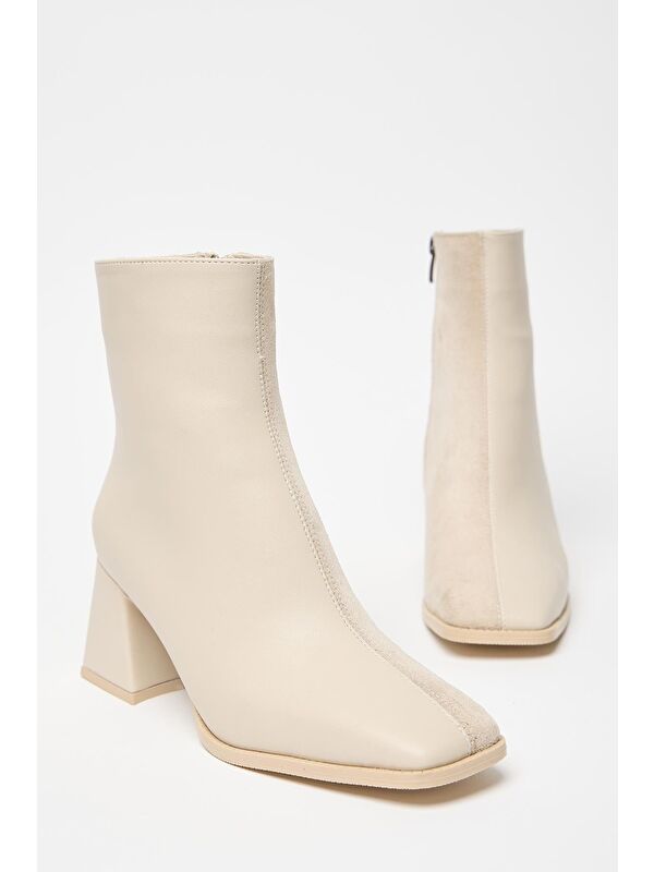 Kadın Bej Süet Bot & Bootie Küt Burun Topuklu Kontrast Pu Deri Fermuarlı - Görsel 5