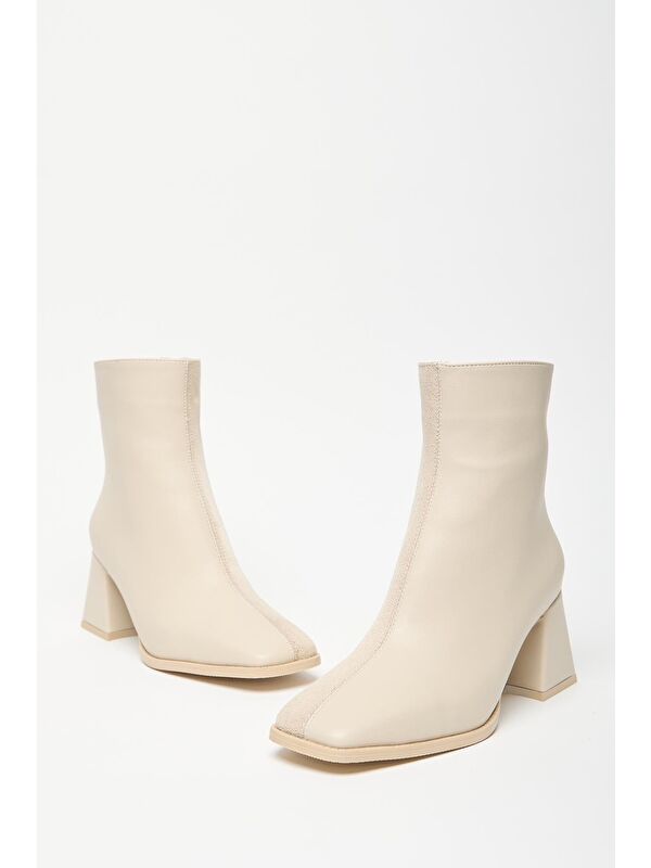 Kadın Bej Süet Bot & Bootie Küt Burun Topuklu Kontrast Pu Deri Fermuarlı - Görsel 6