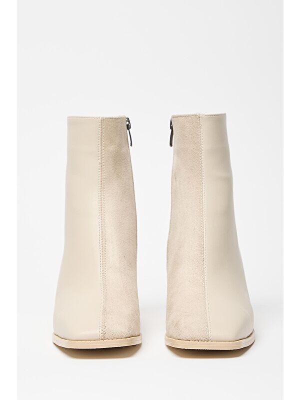 Kadın Bej Süet Bot & Bootie Küt Burun Topuklu Kontrast Pu Deri Fermuarlı - Görsel 8