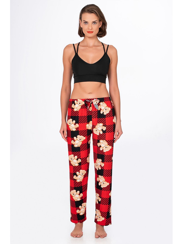 Kompedan Kadın Süet Kırmızı Kareli Ayıcık Desenli Pijama Tek Alt
