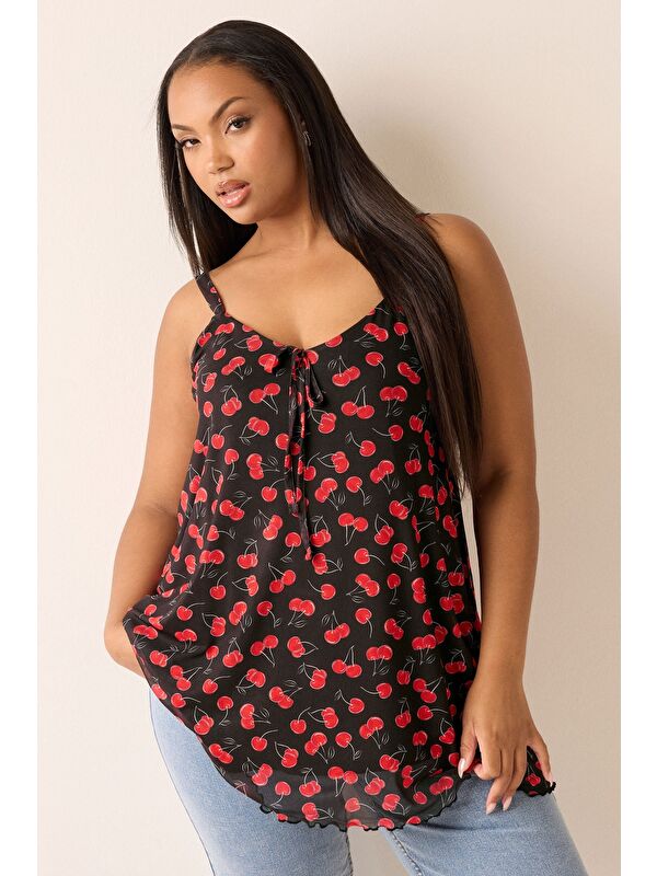 Stil Diva Büyük Beden V Yaka Askılı İp Detaylı Desenli T-shirt 322672