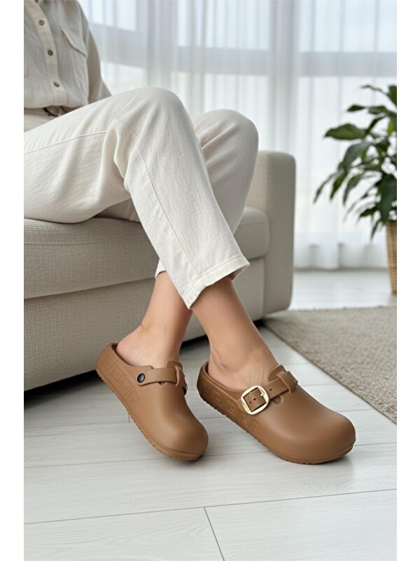 Oksit Lovi Kadın Gold Tokalı Geometrik Desenli Comfort Clog Kadın Terlik Lüks Tasarım