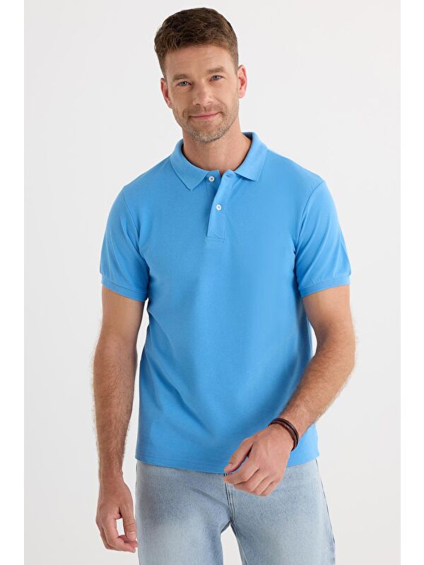 TUDORS Erkek Slim Fit Dar Kesim Pamuklu Yumuşak Dokulu Serin Tutan Kumaş Düz Pike Mavi Polo Yaka Tişört