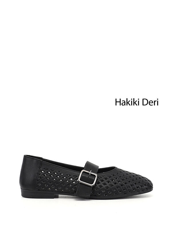 GÖNDERİ(R) Kadın SİYAH Baskılı Mary Jane Hakiki Deri Babet