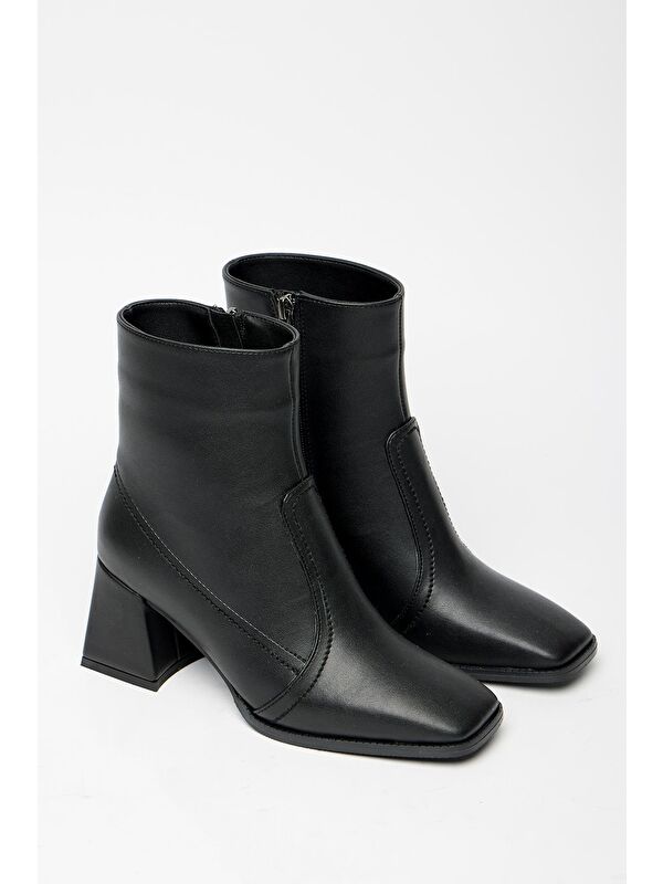 Kadın Siyah Küt Burun Topuklu Bot & Bootie – Fermuarlı Günlük - Görsel 2
