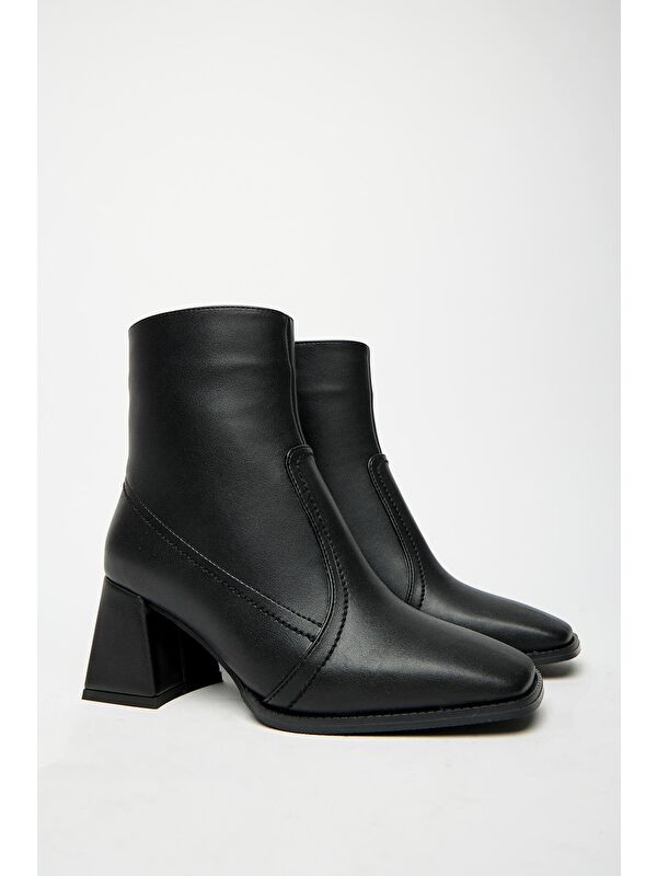 Kadın Siyah Küt Burun Topuklu Bot & Bootie – Fermuarlı Günlük - Görsel 5