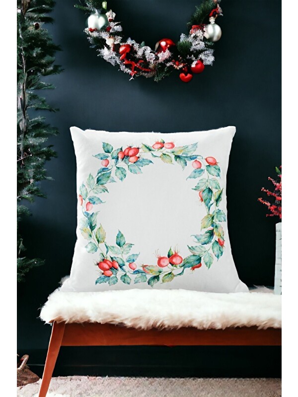 Asdiva Yılbaşı Temalı Kuşburnu Çelenk Desenli Kırlent Kılıfı Beyaz -43x43
