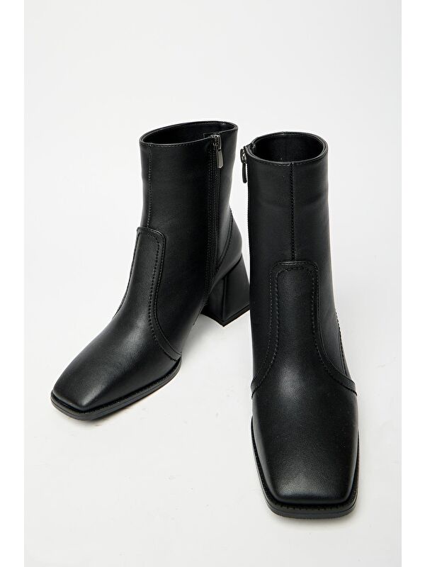 Kadın Siyah Küt Burun Topuklu Bot & Bootie – Fermuarlı Günlük - Görsel 6
