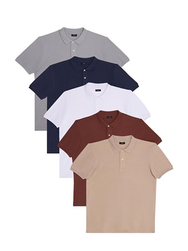 TUDORS Erkek 5'Li Paket Gri-Lacivert-Beyaz-Kahverengi-Taş Regular Fit Pamuklu Düz Pike Polo Yaka Tişört