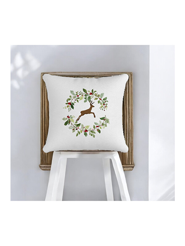 Asdiva Yılbaşı Temalı Kokina Çelenk Ren Geyiği Desenli Dekoratif Kırlent Kılıfı  Beyaz-43x43