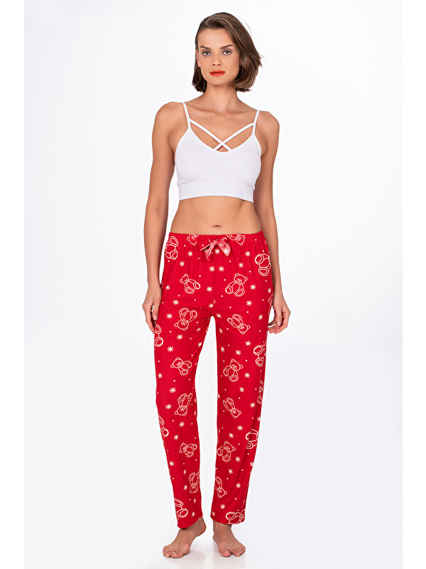Kompedan Kadın Süet Kırmızı Ayıcık Desenli Pijama Tek Alt