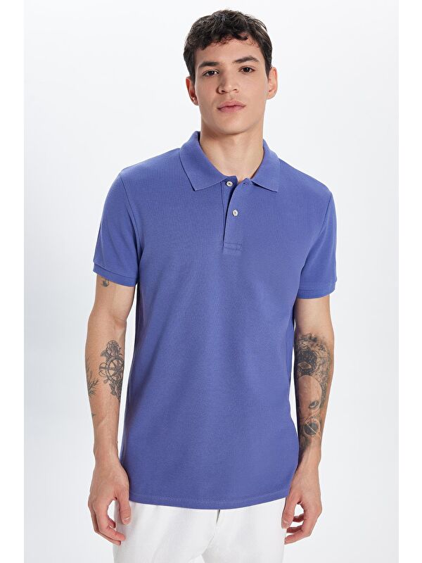 TUDORS Erkek Slim Fit Dar Kesim %100 Pamuk Koyu Lila Polo Yaka Tişört