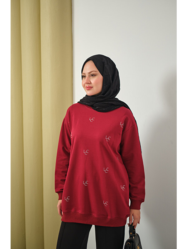 Locco Moda Kadın LCC Taş Detay Bisiket Yaka Sweat Bordo