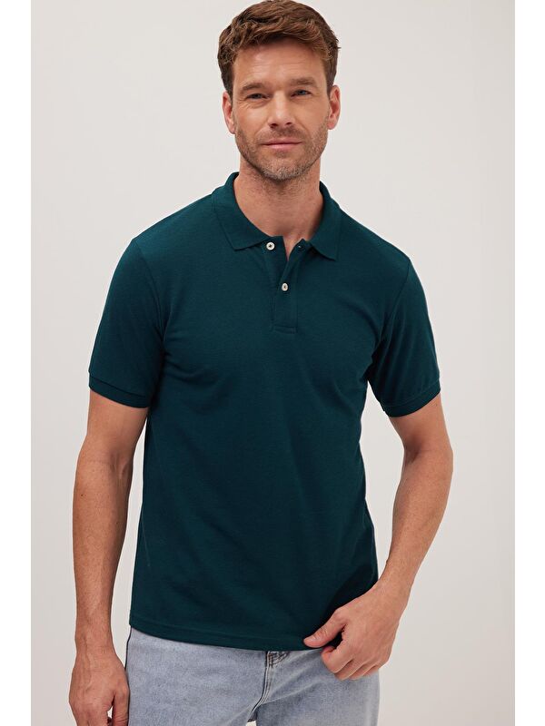 TUDORS Erkek Slim Fit Dar Kesim Pamuklu Yumuşak Dokulu Serin Tutan Kumaş Düz Pike Yeşil Polo Yaka Tişört