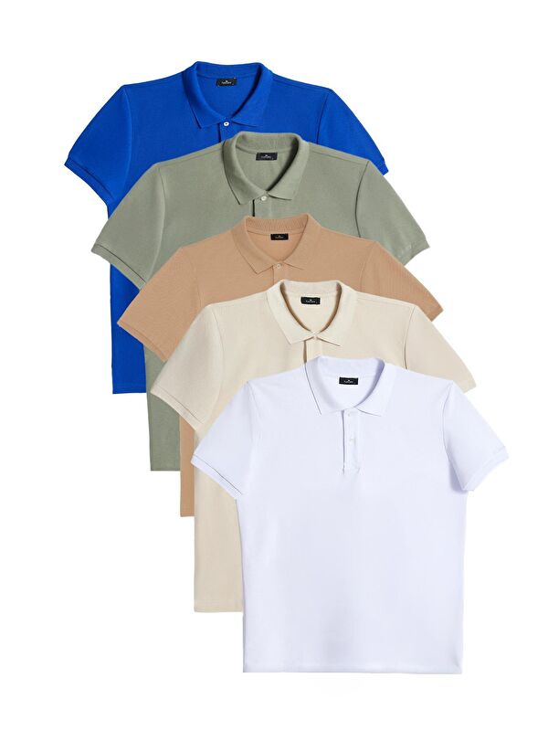 TUDORS Erkek 5'Li Paket Beyaz-Mavi-Taş-Vizon-Haki Slim Fit Pamuklu Düz Pike Polo Yaka Tişört