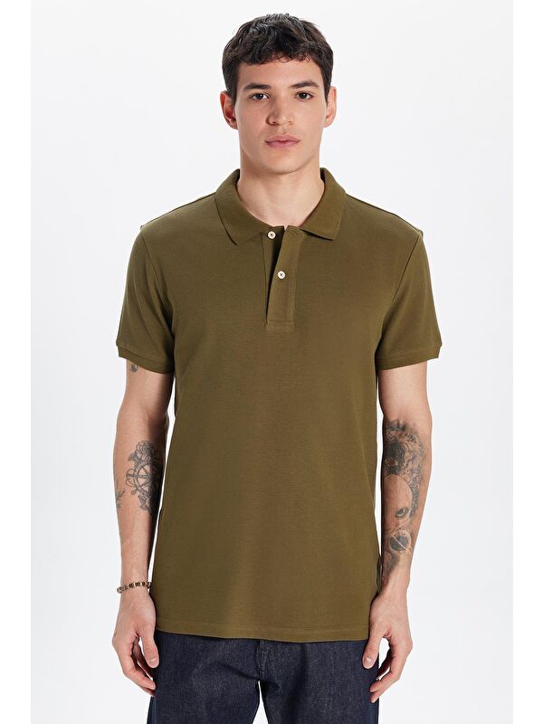 TUDORS Erkek Slim Fit Dar Kesim %100 Pamuk Haki Polo Yaka Tişört