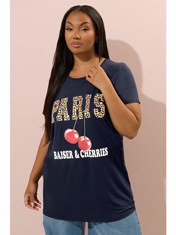 Stil Diva Büyük Beden Kısa Kollu Bisiklet Yaka Baskılı T-shirt 304174
