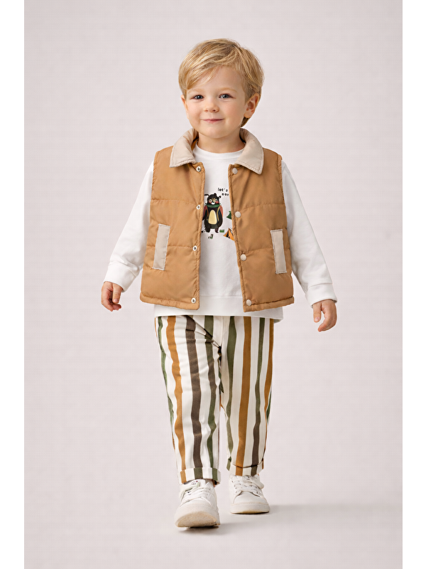 Harika Kids Erkek Çocuk Yelek-Sweatshirt-Çizgili Pantolon 3'lü Takım (2-5 Yaş)