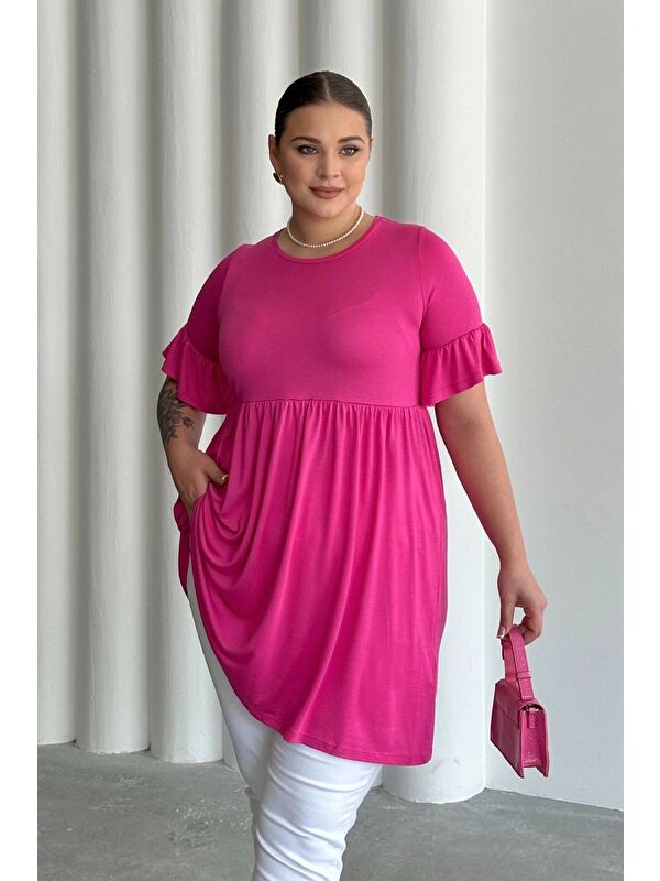 Stil Diva Büyük Beden Kol Detaylı Beli Lastikli Pileli Tunik T-shirt T41