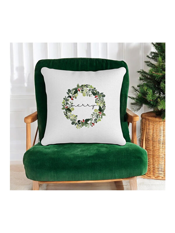 Asdiva Yılbaşı Temalı "Merry" Yazı Kokina Çelenk  Baskılı Kırlent Kılıfı - Beyaz 43x43